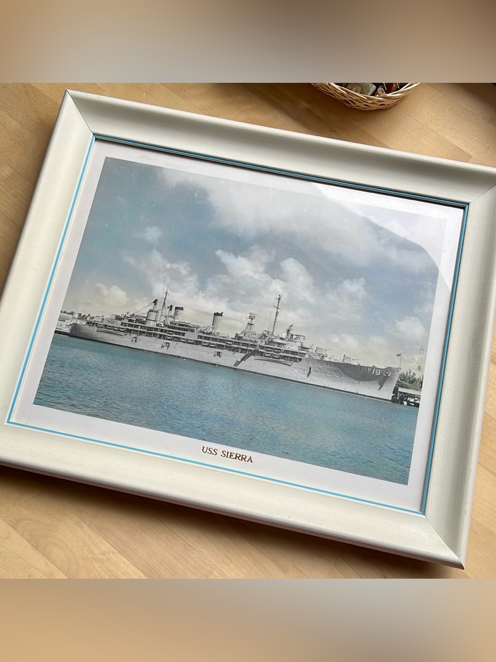 USS Sierra Ship printed Framed Vintage Cream Blue Trim Home Wall Decoration